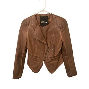 The Fillmore Faux Leather Cropped Biker Jacket- Brown, Size M
